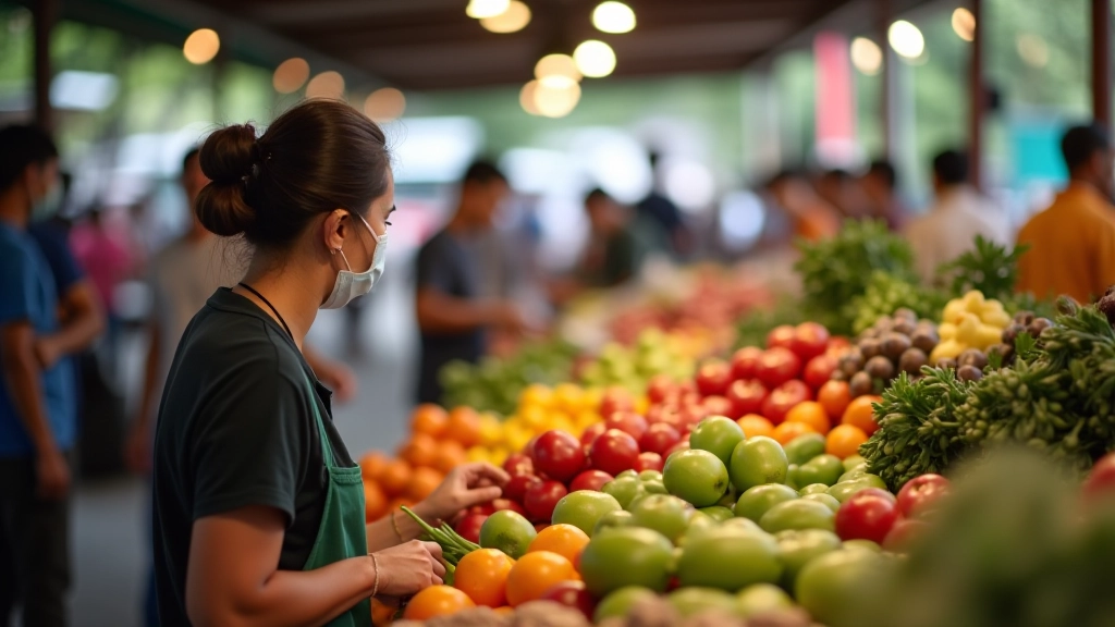 Colorful fresh produce market stall with vegetables and fruits showing regional agricultural supply differences
