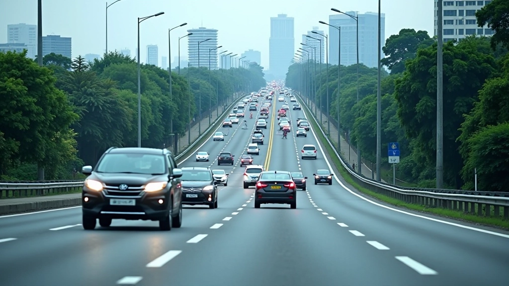 Traffic on a busy Malaysian highway with cars and motorcycles during rush hour