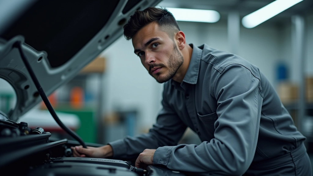 Close-up view of car maintenance work with mechanic checking engine components, professional workshop setting with tools visible