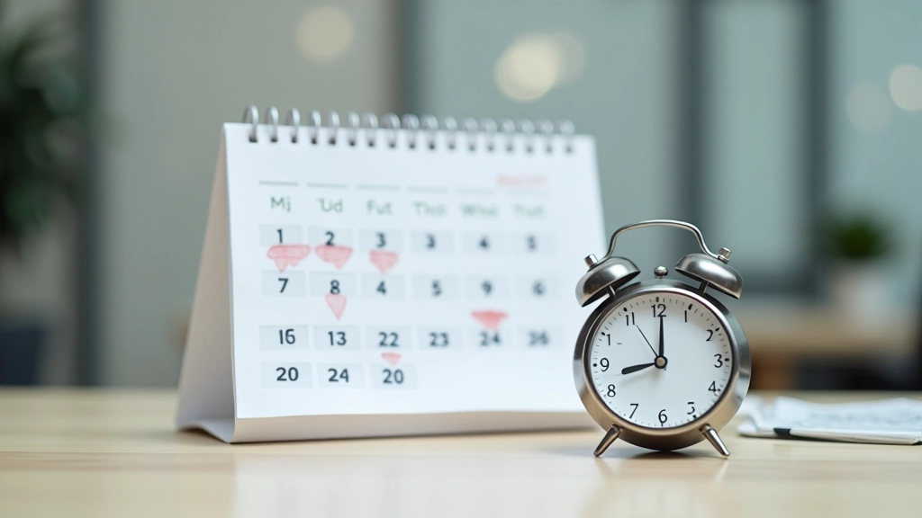 Calendar pages showing months with highlighted dates and clock symbol indicating timing and publication schedules
