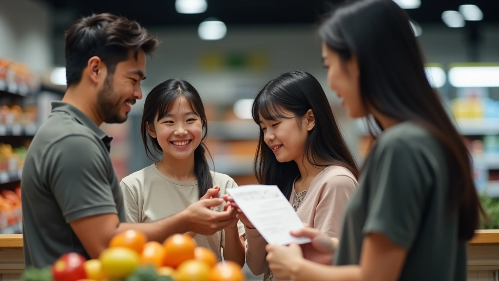 Family grocery shopping with receipts and bags showing the impact of regional price differences on household budgets
