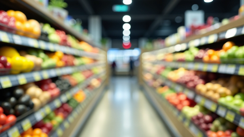 Grocery store shelves with fresh produce and price labels visible