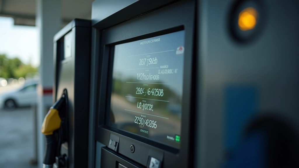 Petrol pump display at a gas station showing fuel prices and grade options