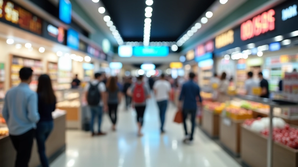 Modern shopping mall with price displays and diverse shoppers representing urban commercial activity and consumer spending