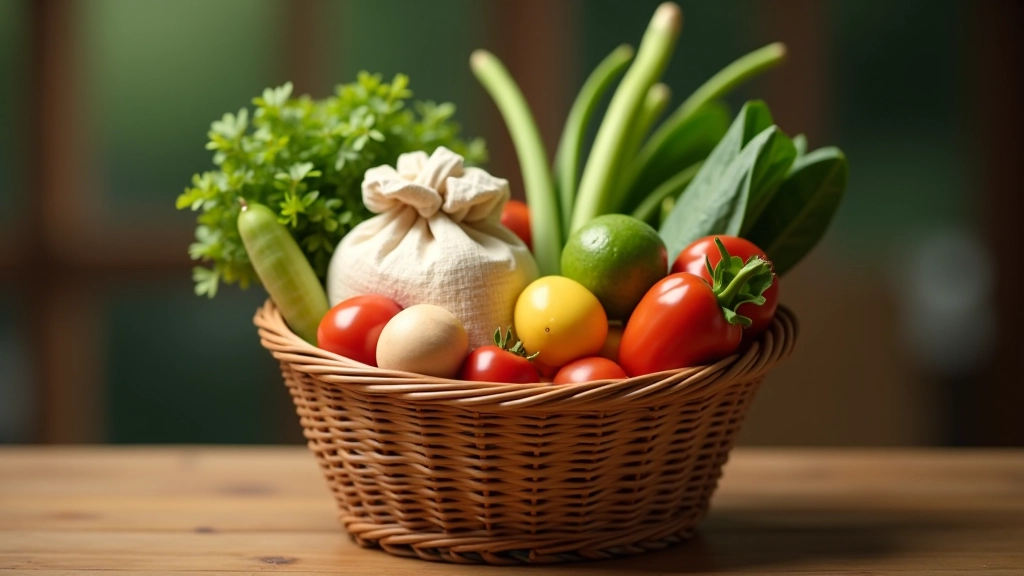Shopping basket filled with diverse Malaysian grocery items including rice, vegetables, fish, cooking oil, and other essential food products