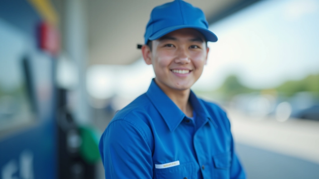 Modern petrol station attendant wearing work uniform, checking fuel pump display, bright daytime lighting at busy station
